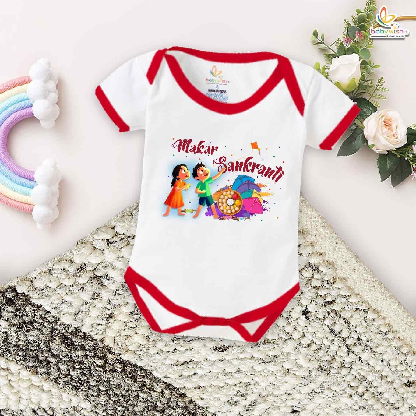 My First Makar Sankranti Baby Romper – Til Gud Print Festival Bodysuit for Newborns & Infants | Traditional Sankranti Outfit for Boys & Girls – Babywish