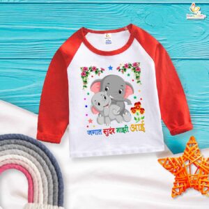 Cute Elephant Mom Love Kids T-Shirt Marathi Printed Baby Girl Long Sleeve Raglan Top Soft Cotton Toddler Outfit Gift Babywish Black Red Black-White Red-White 6-12 Months to 1-12 Years Babywish