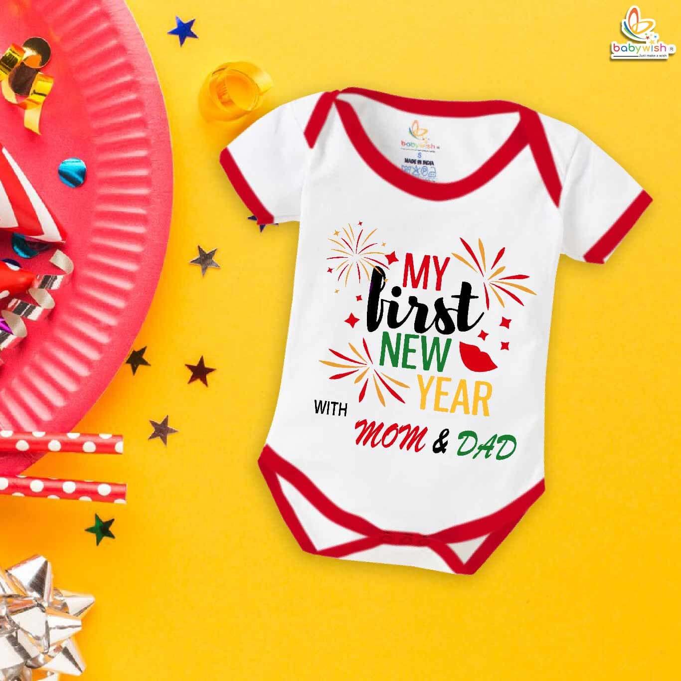 Adorable My First New Year Baby Romper with Mom & Dad Print – Soft Cotton Unisex Full Body Bodysuit for Infant Boys & Girls | Cute Festive Party & Photoshoot Outfit – Babywish