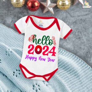 My First New Year Bodysuit for Baby Boys & Girls – Hello Happy New Year Print, Soft Cotton Unisex Romper, Festive Party Outfit, Cozy Nightwear & Perfect Gift for Newborns, Infants & Toddlers | Babywish