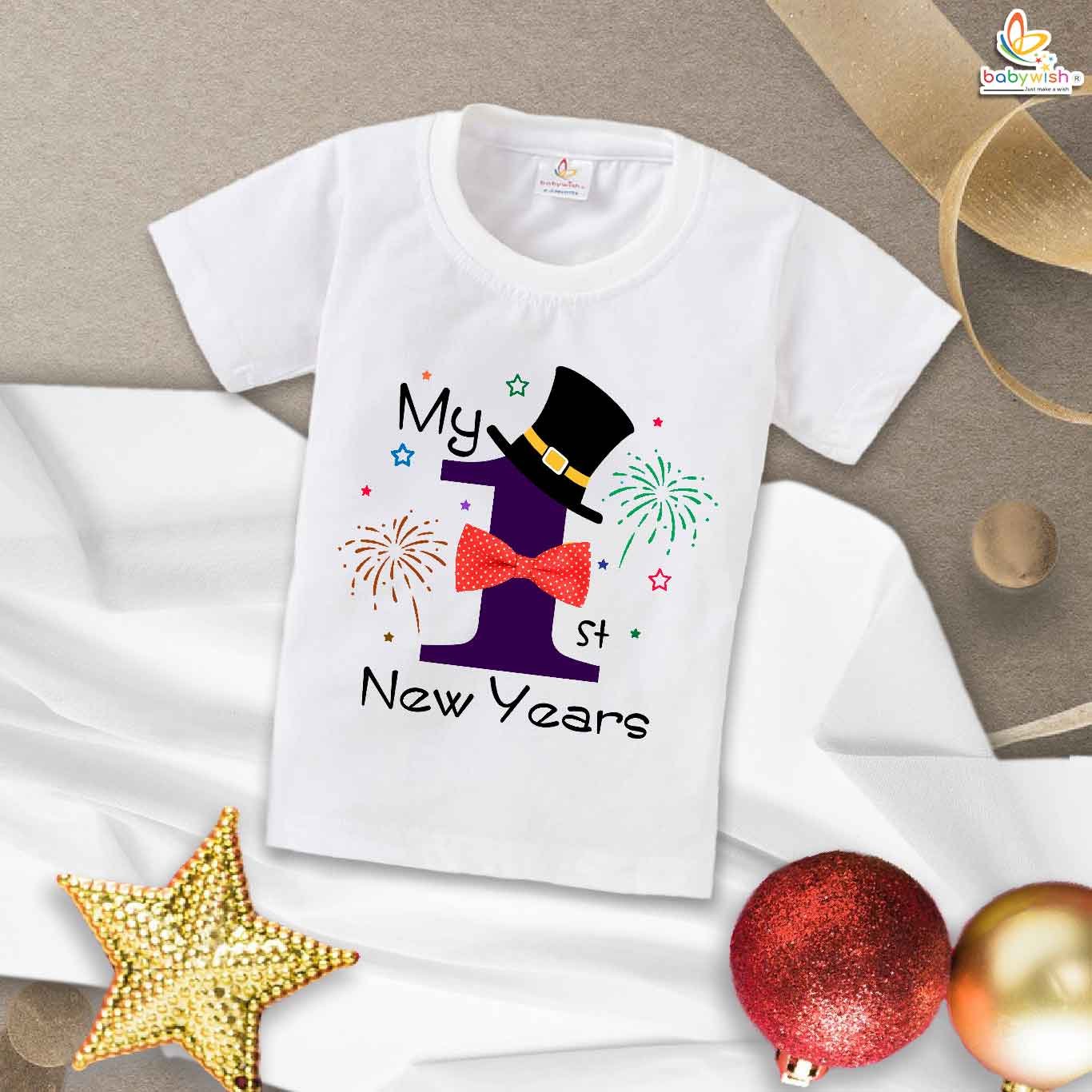 My First New Year T-shirt New Year Celebrations with Crackers | Cute Baby Clothes for Boys & Girls | Cotton Half Sleeve Infant Outfit | Adorable Baby Dress for New Year Party - Babywish