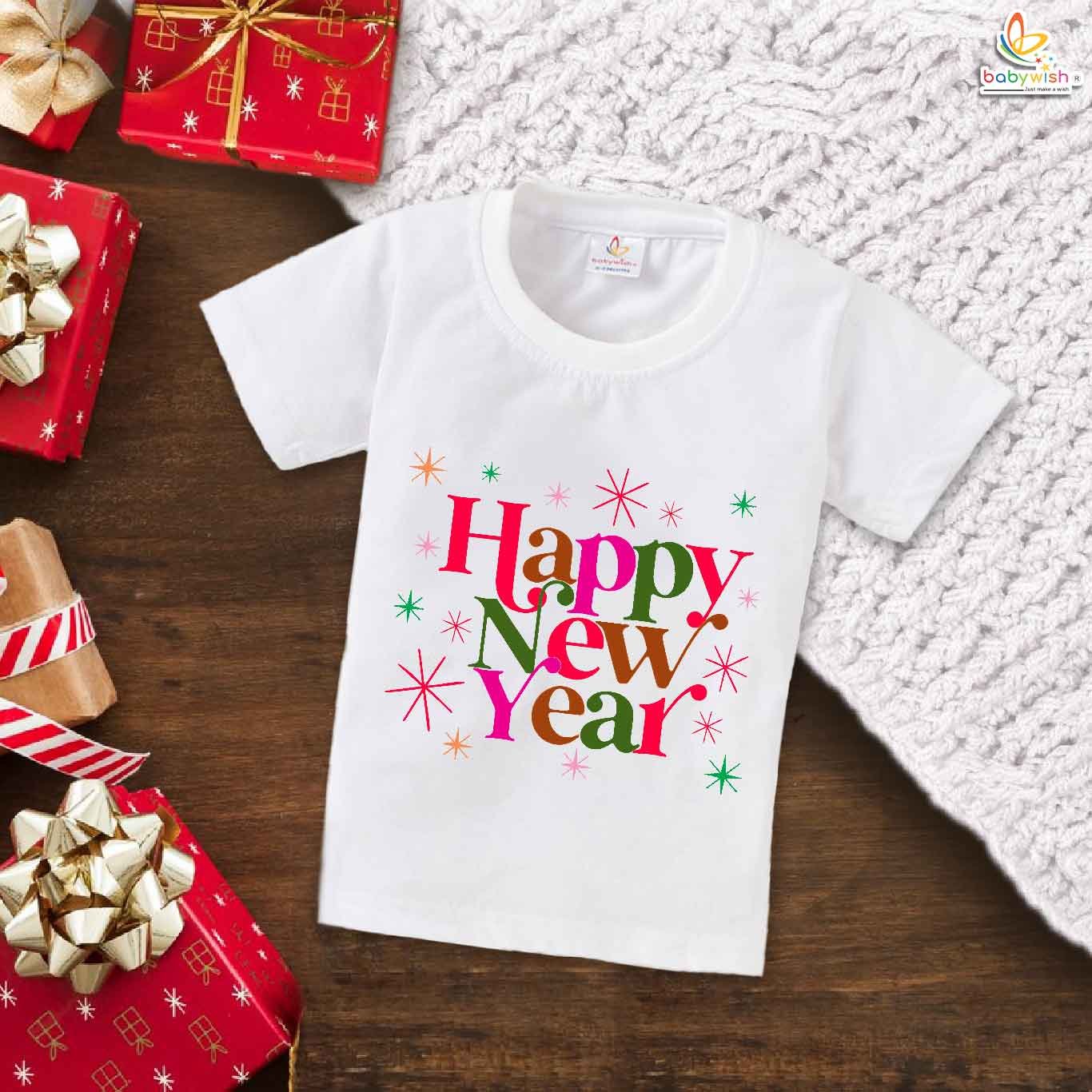 My First New Year T-shirt Happy New Year to All | Cute Baby Outfit for Boys & Girls | Cotton Half Sleeve Topwear | Infant Clothes & Romper Style New Year Celebration Dress - Babywish