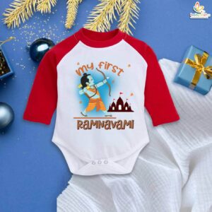 My First Ramnavami Baby Bodysuit – Lord Ram Festival Outfit for Newborn Boy & Girl | Infant Hindu Religious Dress | Black, Red, White&Black, White&Red (0-12 Months) Babywish