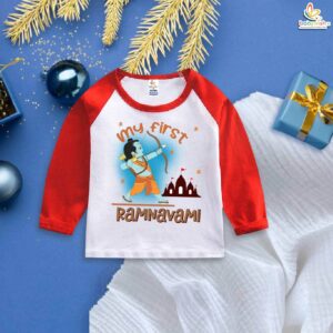 My First Ram Navami Baby & Kids T-Shirt Cute Lord Ram Print Soft Cotton Full Sleeve Festival Wear for Boys & Girls Age 6-12 Months or 1-12 Years Color White, Pink, Sea Green, Lemon, Black – Babywish