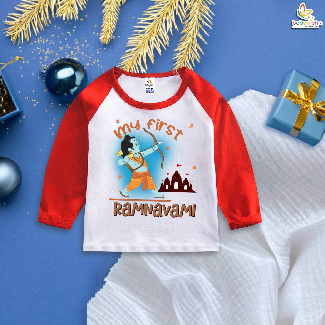 My First Ram Navami Baby T-Shirt – Full Sleeve Festive Outfit for Infant Boy or Girl – Traditional Hindu Festival Clothing for Ramnavmi Celebration – Babywish