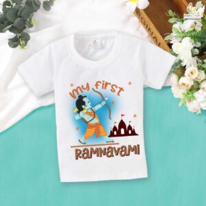 My First Ram Navami Kids T-Shirt with Lord Ram Bow Print | Cute Hindu Festival Cotton T-Shirt for Baby Boys & Girls Age 6-12 Months or 1-12 Years White Pink Sea Green Lemon Black Babywish