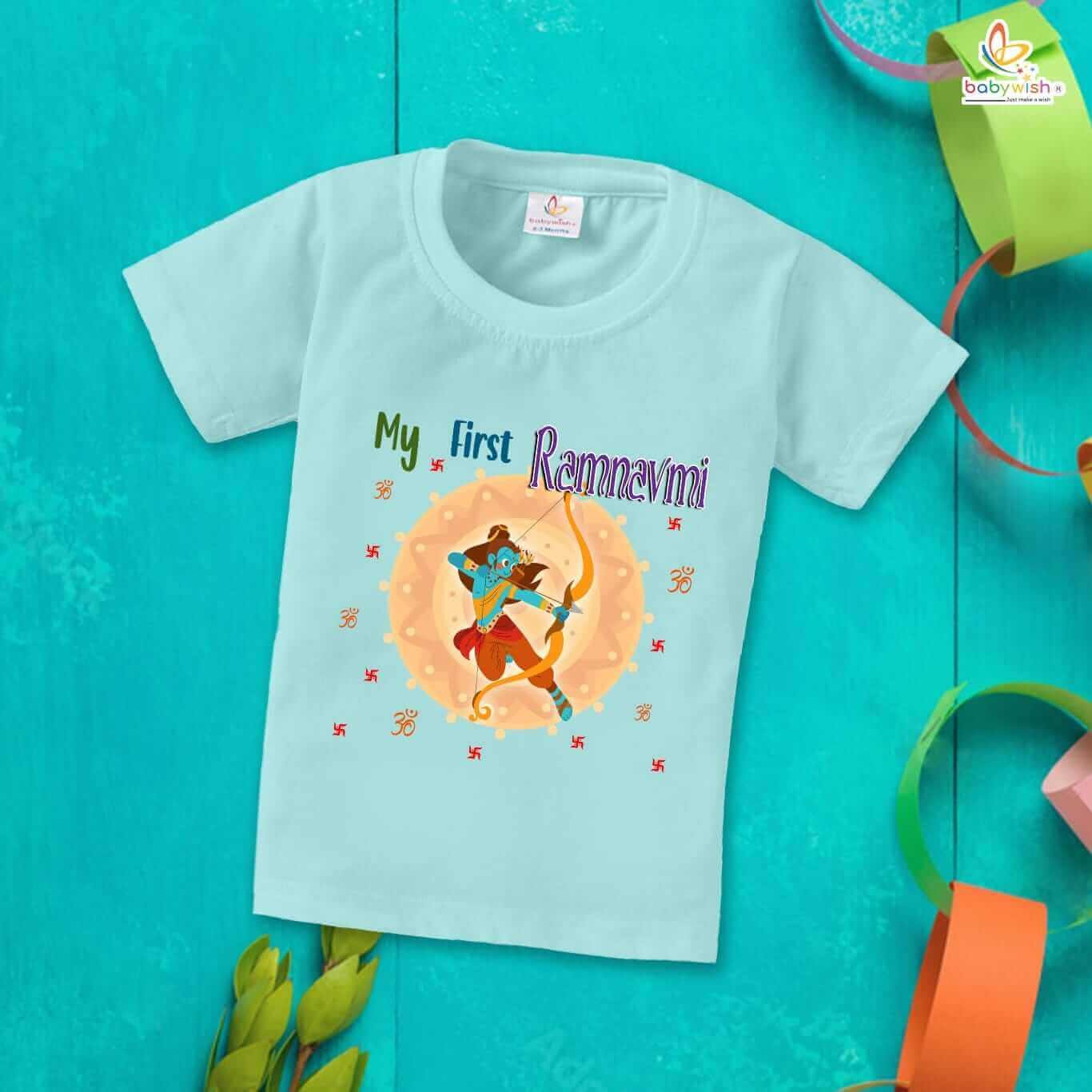 My First Ram Navmi T-shirt for Kids | Baby & Toddler Unisex Outfit | Half Sleeve Cotton Printed Topwear Dress for Boys & Girls | Comfortable Festive Navratri Clothing