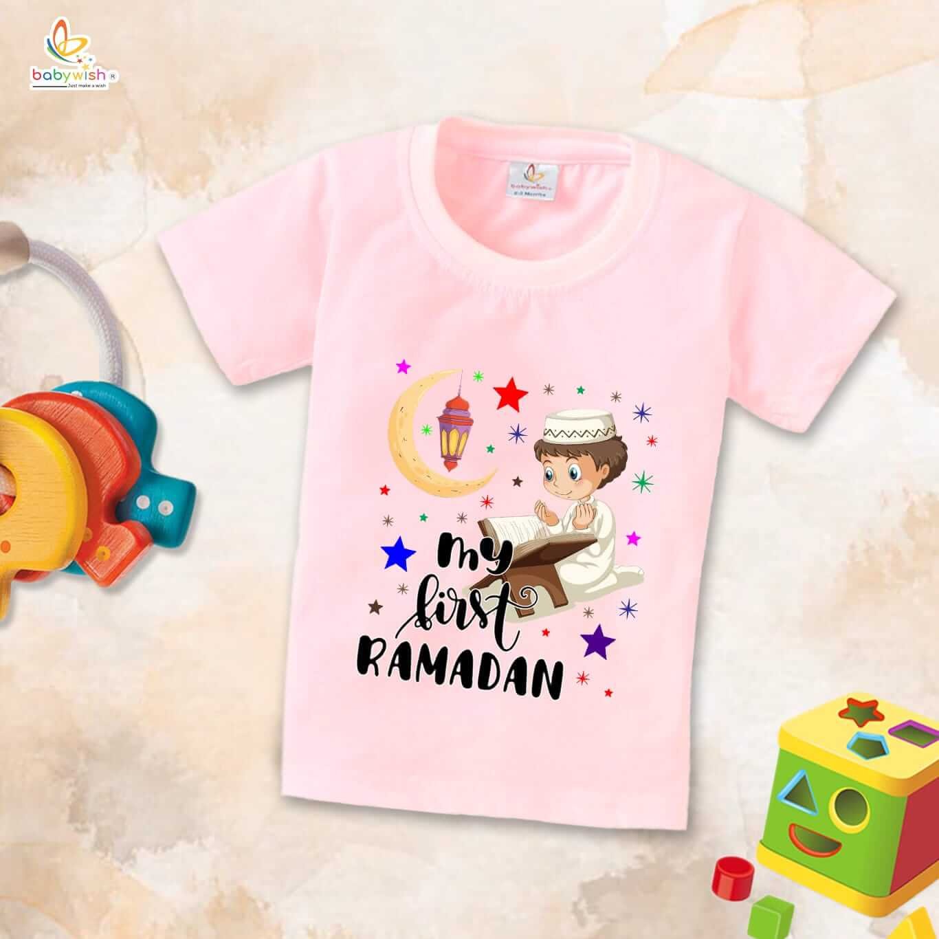 Eid T-shirt for Kids Unisex Ramadan Topwear Outfit | Printed Half Sleeve Tshirt Dress for Boys & Girls | "My First Ramadan Coloring Romper"