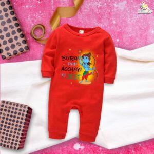 Ram Navami baby romper with Burai Par Acchai Ki Jeet Hanuman print red cotton romper for babies