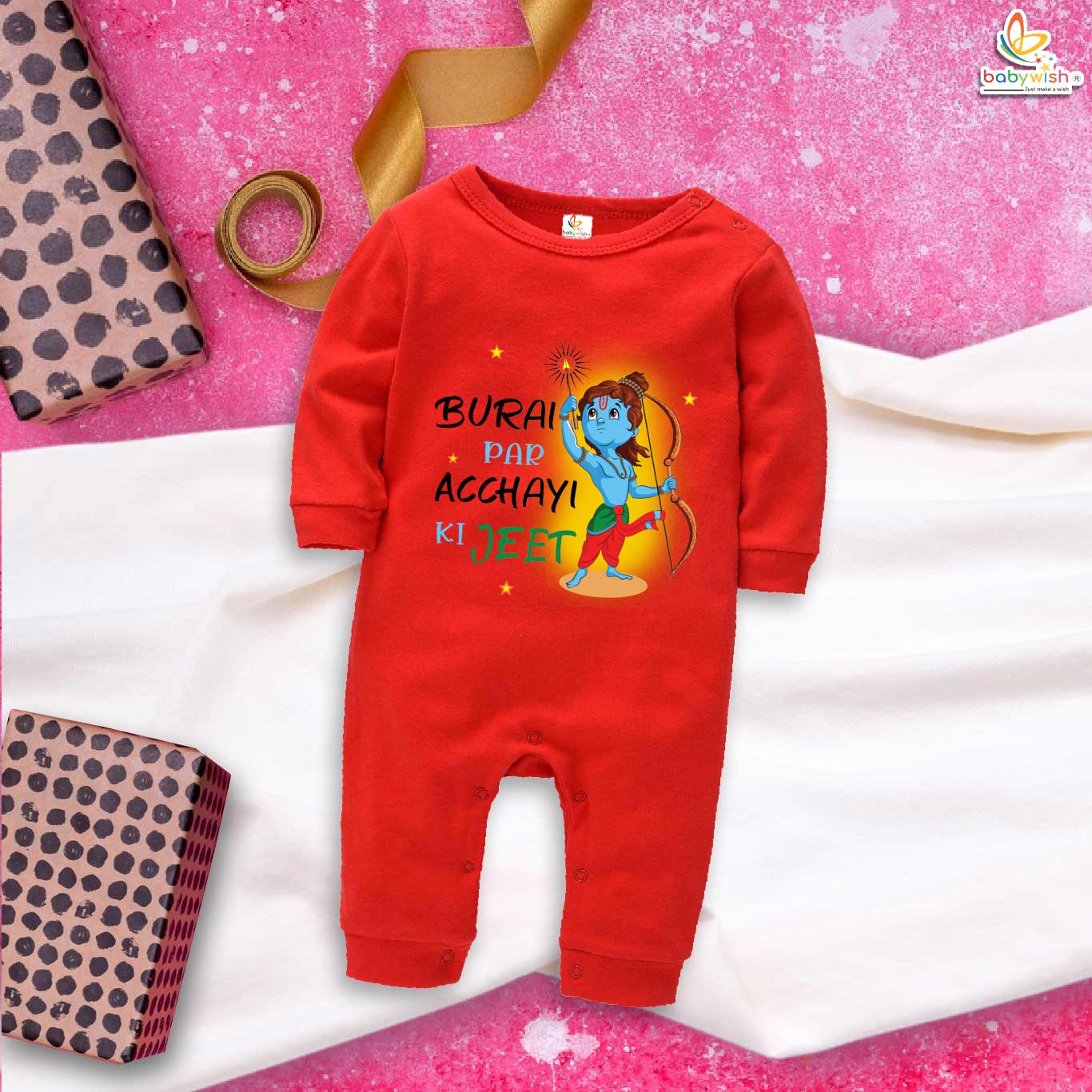 Ram Navami baby romper with Burai Par Acchai Ki Jeet Hanuman print red cotton romper for babies