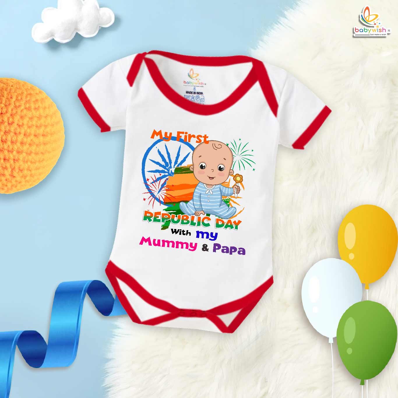 Republic Day romper for babies with 'With My Mummy & Papa' print