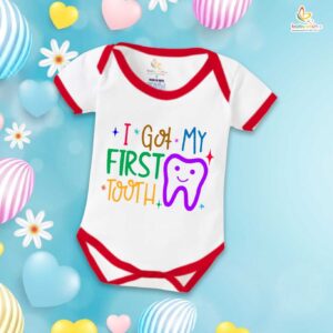 I Got My First Tooth Baby Romper White Cotton Milestone Onesie with Tooth Print