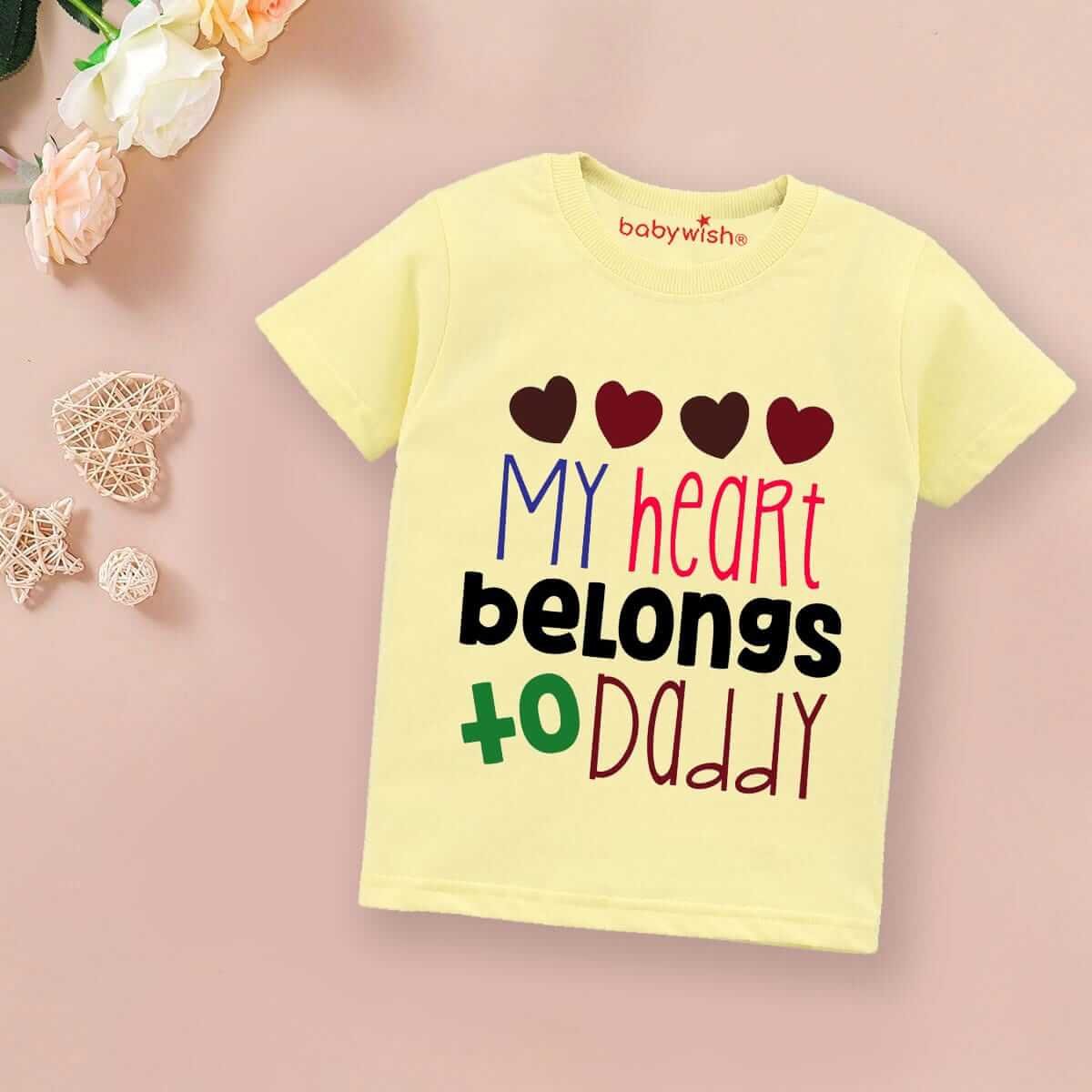Valentine’s Day T-shirt for Kids | Unisex Valentine Topwear Outfit | Printed Half Sleeve T-shirt Dress for Boys & Girls “My Hearts Belong to Dad” | Cute Gift for Kids
