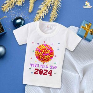 New Year T-shirt My First New Year T-shirt Balloon Circle New Year | Cute Baby Outfit for Boys & Girls | Cotton Half Sleeve Round Neck Topwear for First New Year Party & Celebration – Babywish