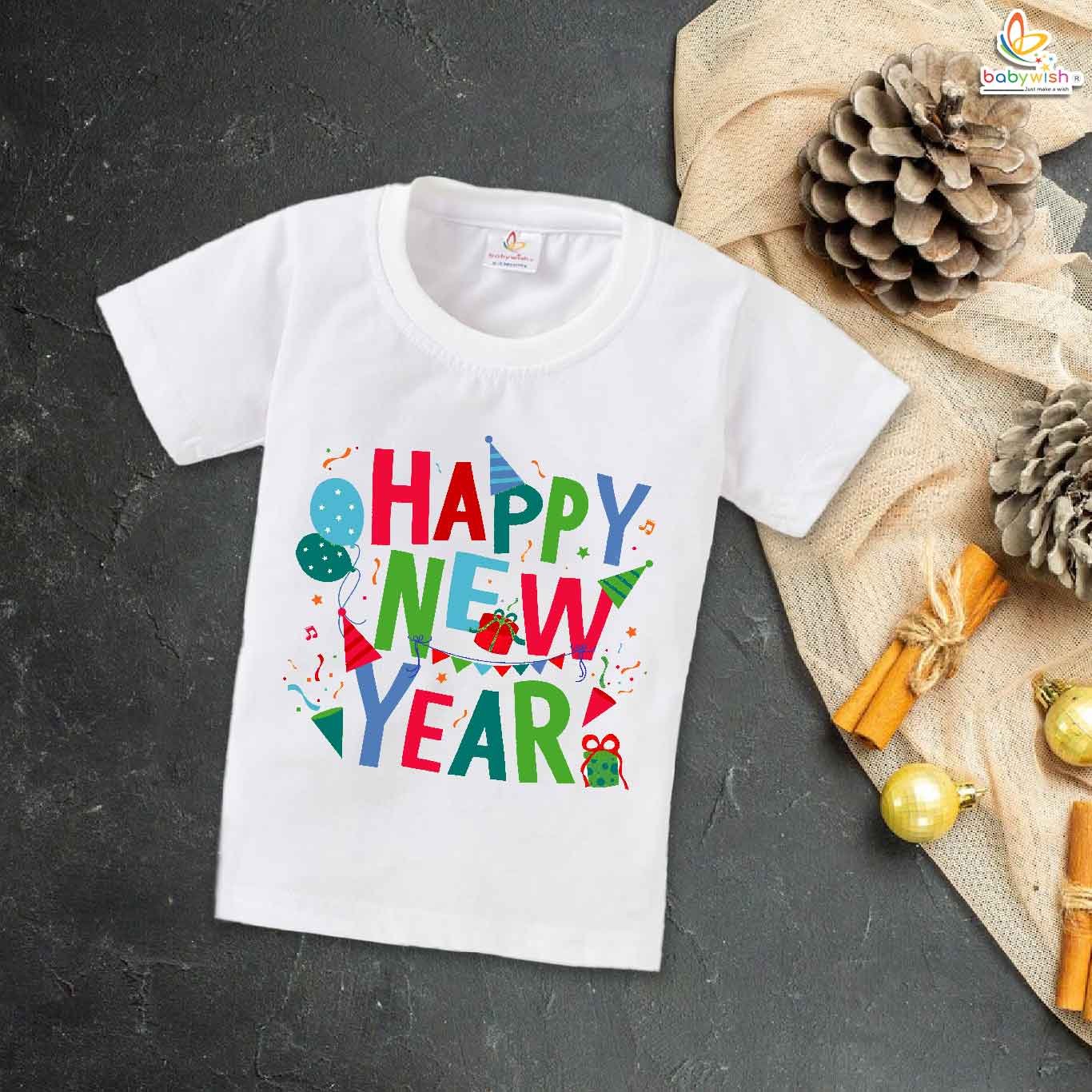 New Year T-shirt My First New Year T-shirt Happy New Year With Gifts | Cute Baby Outfit for Boys & Girls | Cotton Half Sleeve Round Neck Topwear for First New Year Party & Celebration – Babywish