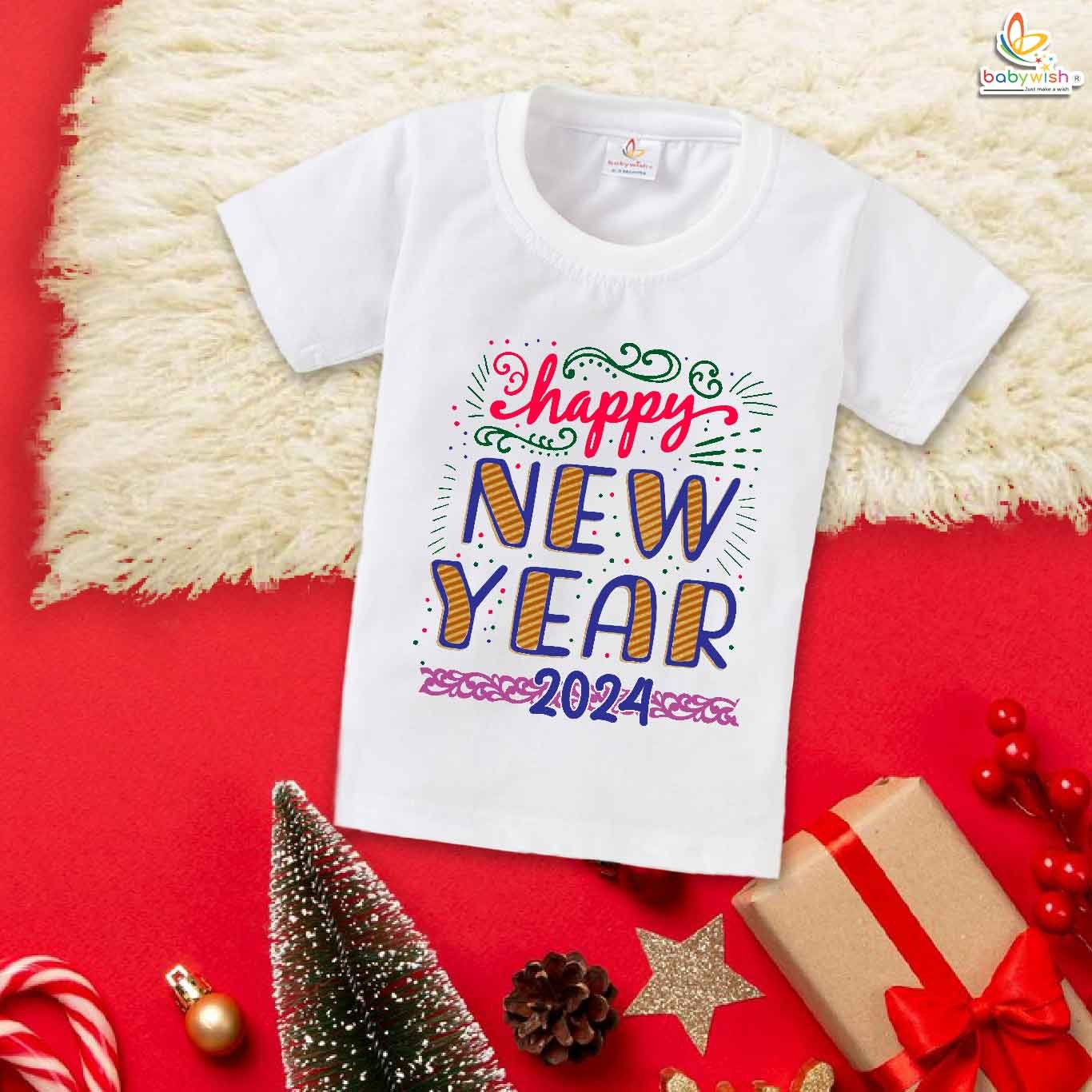 New Year T-shirt My First New Year T-shirt Happy New Year Crackers Rocket | Cute Baby Outfit for Boys & Girls | Cotton Half Sleeve Round Neck Topwear for First New Year Party & Celebration – Babywish