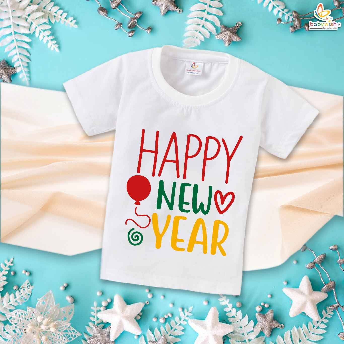 New Year T-shirt My First New Year T-shirt Heart & Balloon Print | Cute Baby Outfit for Boys & Girls | Cotton Half Sleeve Round Neck Topwear for Kids New Year Party & Celebration Wear – Babywish