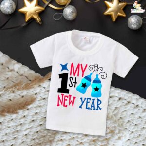 My 1st New Year T-Shirt Star Print | Unisex Half Sleeve Cotton Topwear Outfit | Cute Baby Boys & Girls Printed My First Happy New Year Celebration Clothes Stylish Dress – Babywish