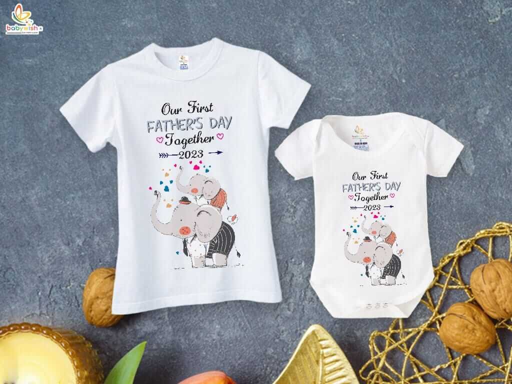Father’s Day Special White T-Shirts & Romper Set for Dad and Baby | Our First Father’s Day Together 2023 Matching Outfit Gift Combo Pack of 2 for New Dads - Babywish