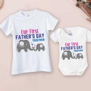 Our First Father’s Day Together Matching Daddy and Baby Shirt Set with Cute Elephant Family Design