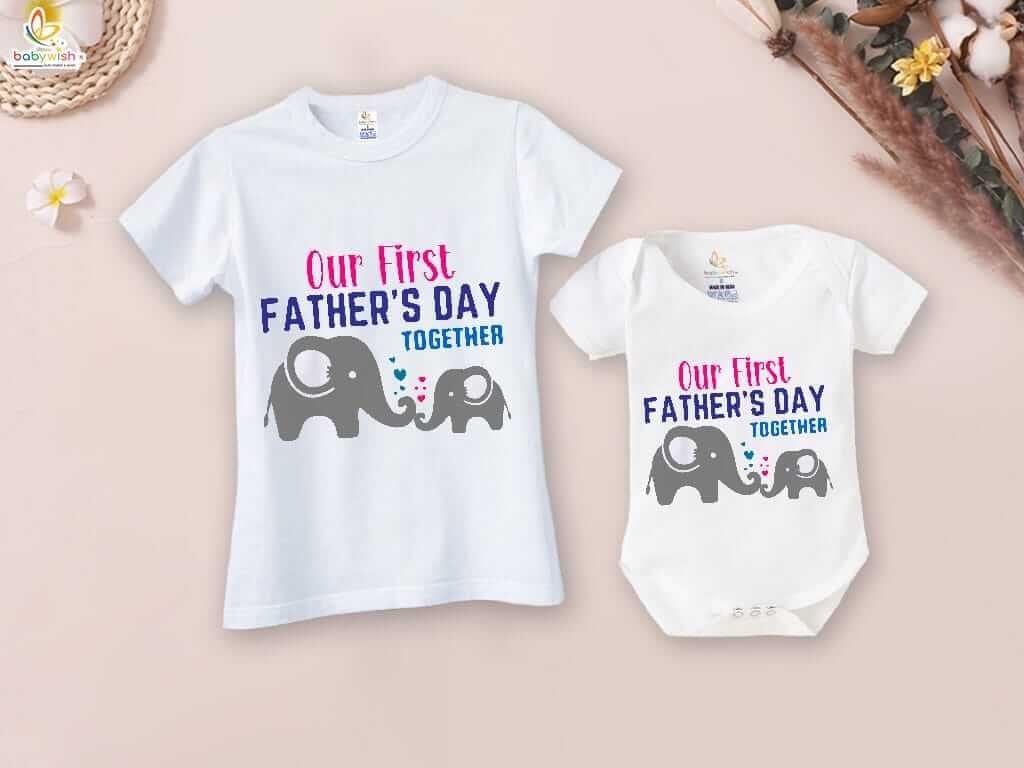 Father’s Day Special Combo White T-Shirts & Romper Set for Dad and Baby | Our First Father’s Day Together Elephant Print Matching Outfit Gift Pack of 2 - Babywish