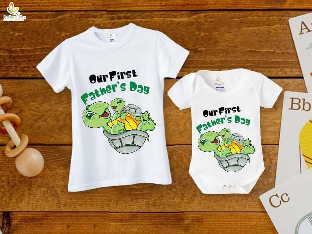 Father’s Day Special Combo White T-Shirts & Romper Set for Dad and Baby | Our First Father’s Day Tortoise Print Matching Outfit Gift Pack of 2 for New Dads - Babywish