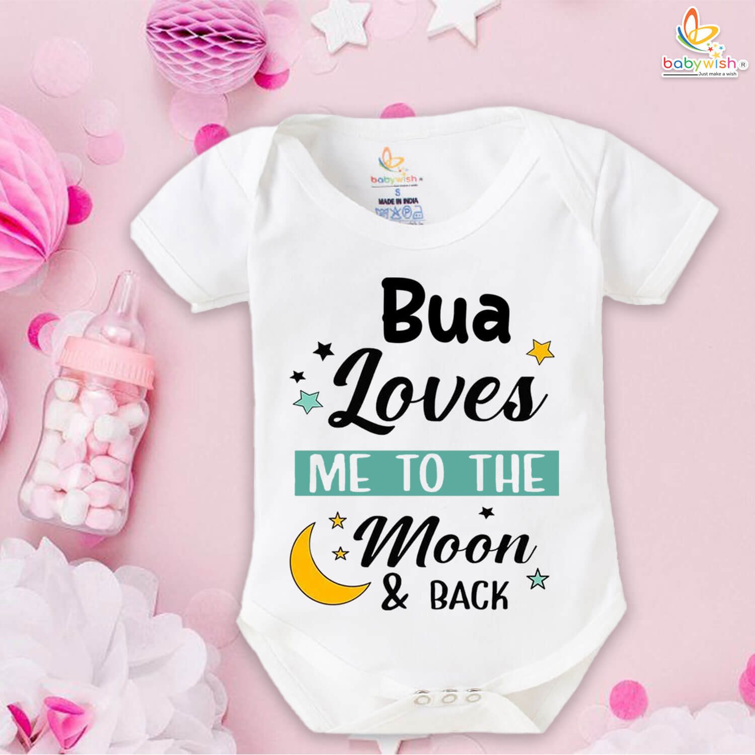 Baby Bodysuit Soft Breathable Cotton | Baby Arrival Clothing Set | Bua Loves Me to the Moon & Back Romper | Comfortable Half Sleeve Wear for 0–6 Months | Babywish