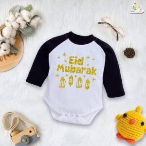 My First Eid Mubarak Star Full Sleeve Romper – Newborn Baby Bodysuit for Boys & Girls | Islamic Festival Outfit 2025 – Babywish