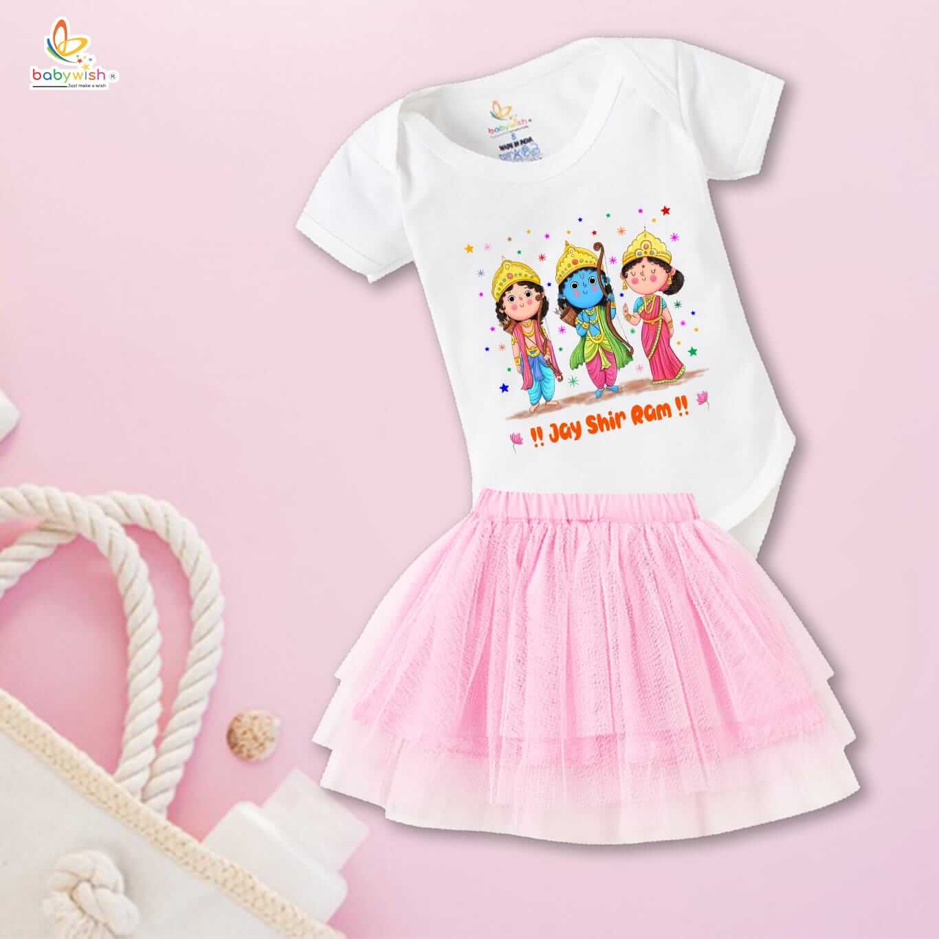Ramnavmi Festivals Newborn Girl's Tutu Skirt & Romper | Baby Navratri Outfit | Printed Cotton Bodysuit Onesies Dress for Baby Girl | Traditional Festive Wear for Infants - Image 3