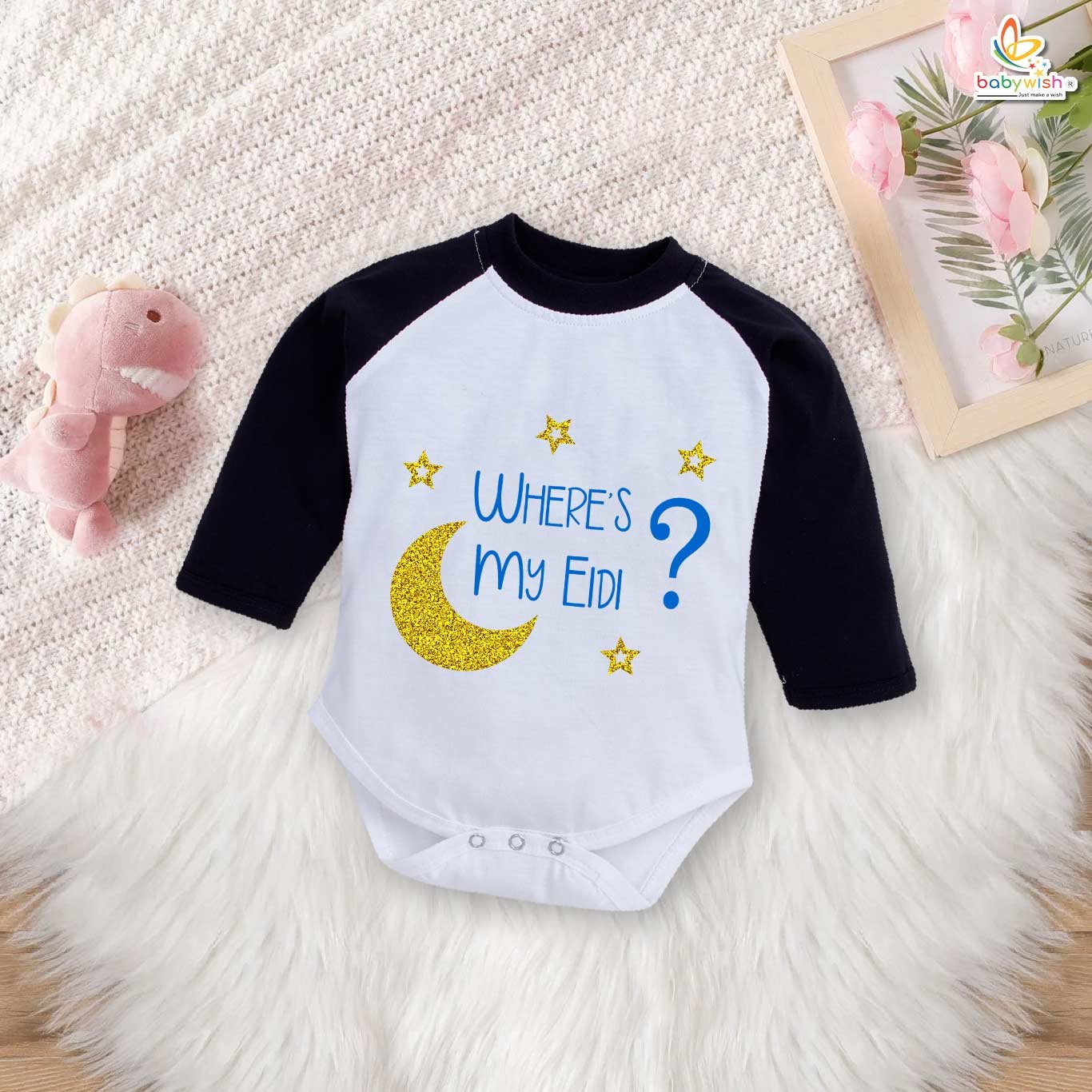 Where's My Eidi? Full Sleeve Baby Romper – Cute Eid Glitter Bodysuit for Newborn Boys & Girls | Islamic Festival Outfit 2025 – Babywish