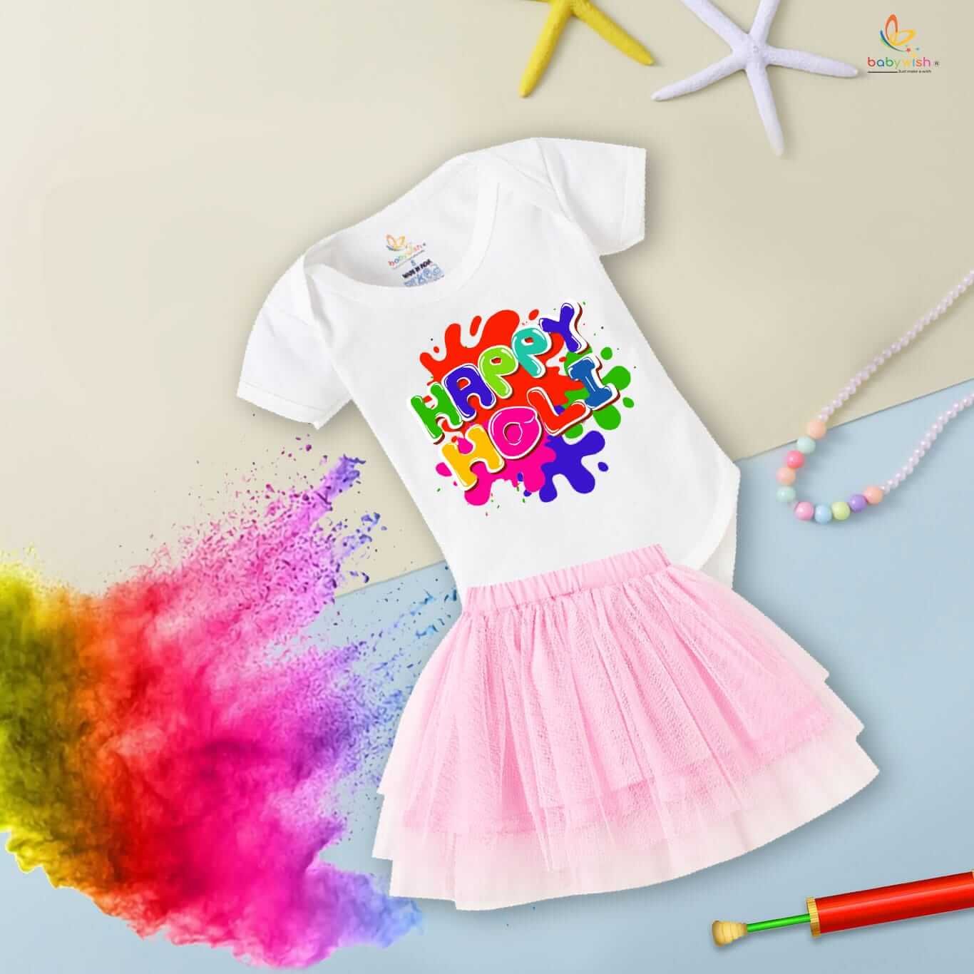 Newborn Girl’s Tutu Skirt & Romper | Holi Print Onesies Bodysuits | Baby Outfit for 0–3 Months | Soft, Comfortable, Breathable Dress for Festivals & Everyday Wear