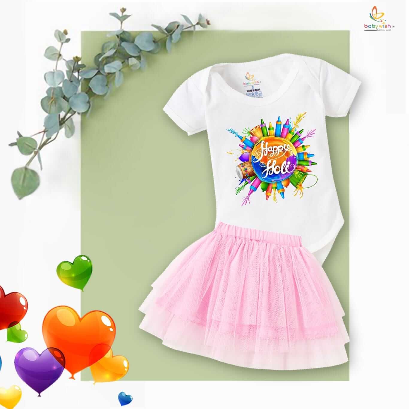Newborn Girl’s Tutu Skirt & Romper | Holi Print Onesies Bodysuits | Baby 0–3 Months | Soft, Comfortable, Breathable Outfit for Festivals & Everyday Wear