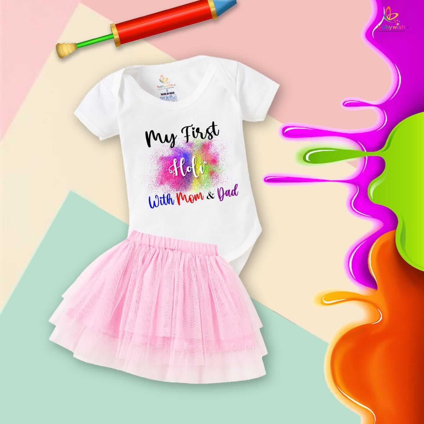 Newborn Girl's Tutu Skirt & Romper | Holi Print Onesies Bodysuits | Soft, Comfortable Baby Outfit for 0–3 Months | Perfect for Festivals, Parties & Everyday Wear