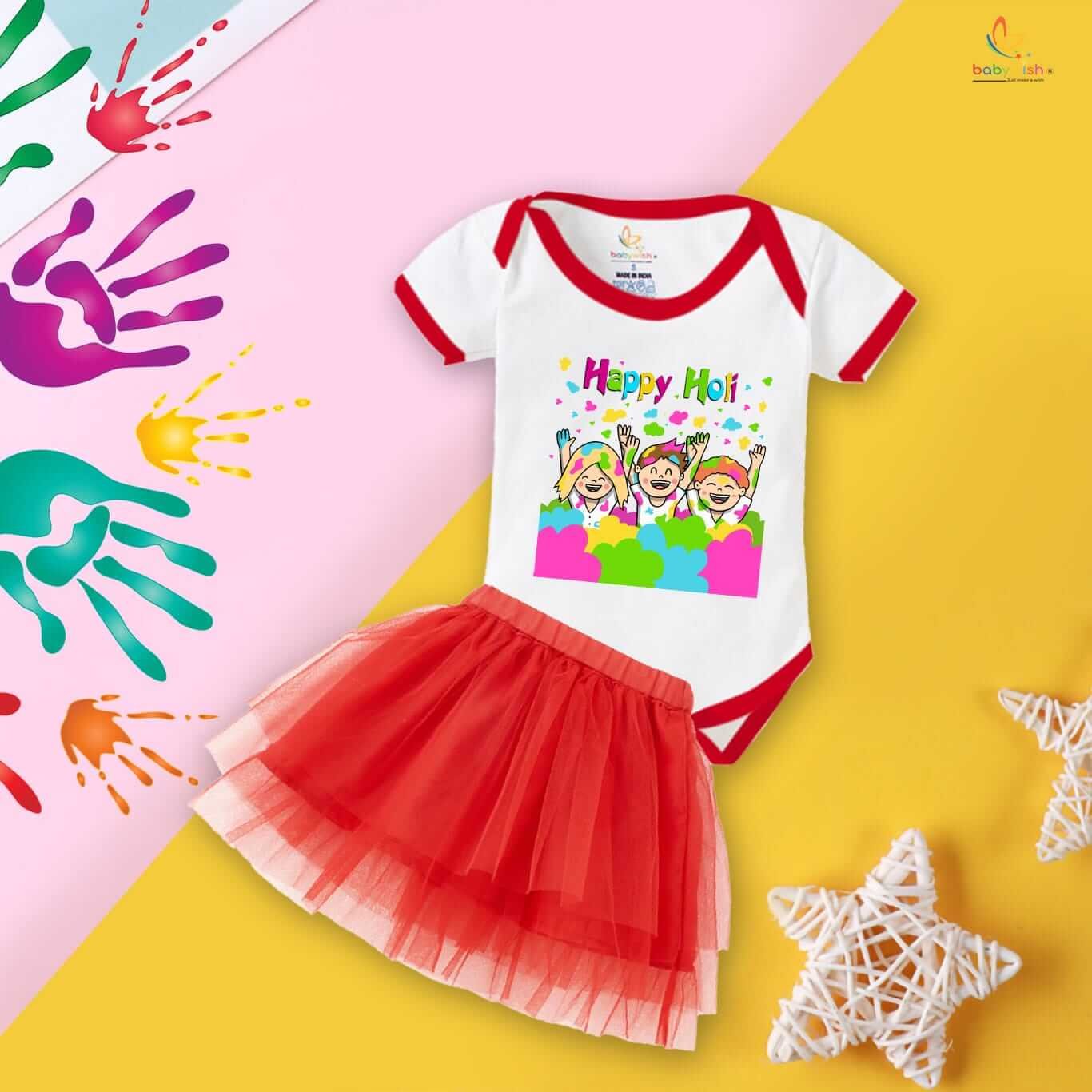 Newborn Girl’s Tutu Skirt & Romper | Holi Print Onesies Bodysuits | Baby Clothes for 0–3 Months | Soft, Comfortable, Breathable Outfit for Festivals & Everyday Wear