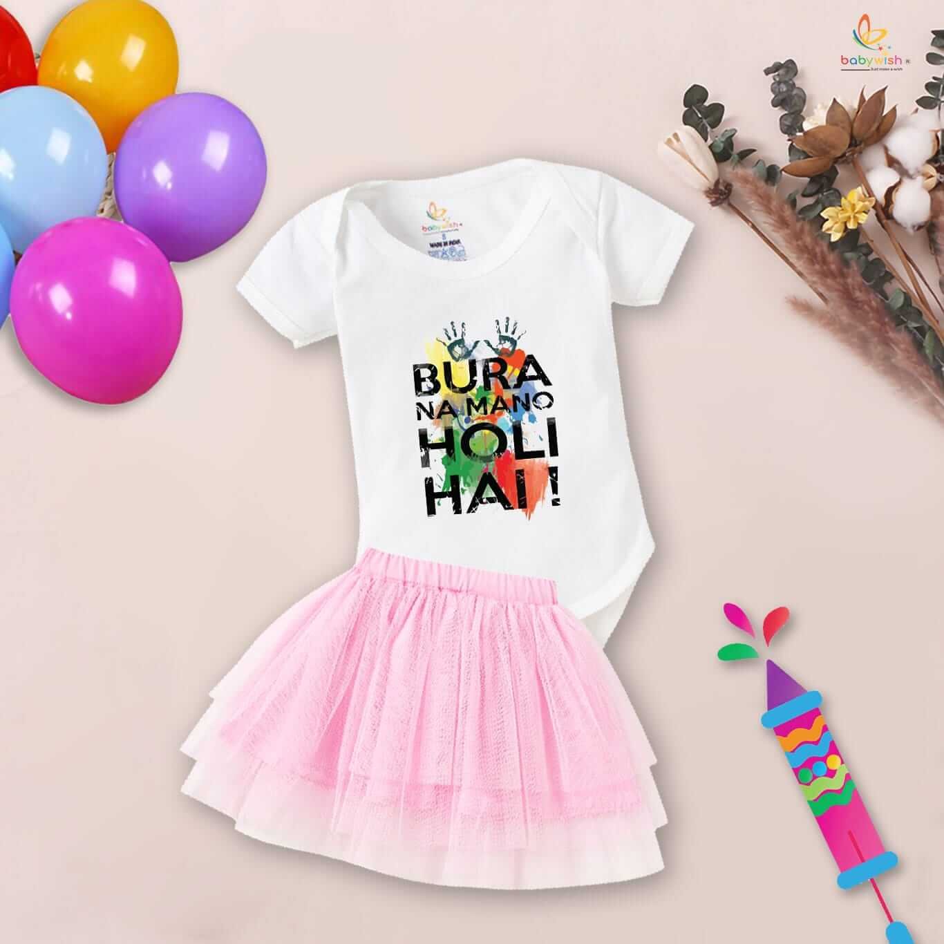 Newborn Girl’s Tutu Skirt & Romper | Holi Print Onesies Bodysuits | Baby Outfit for 0–3 Months | Soft, Comfortable, Breathable Dress for Festivals & Everyday Wear