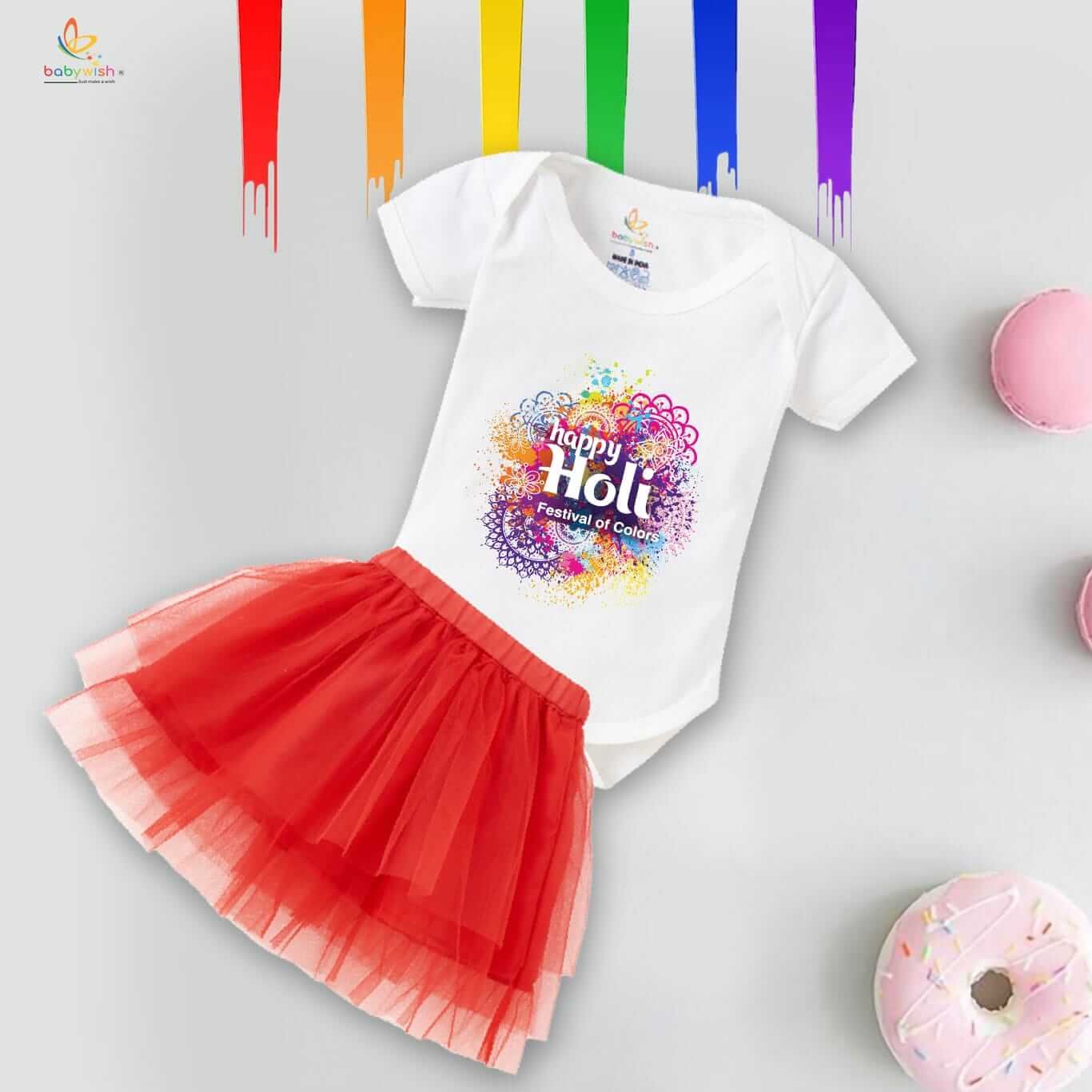 Newborn Girl’s Tutu Skirt & Romper | Holi Print Onesies Bodysuits | Soft, Comfortable Baby Outfit for 0–3 Months | Perfect for Festivals, Parties & Everyday Wear