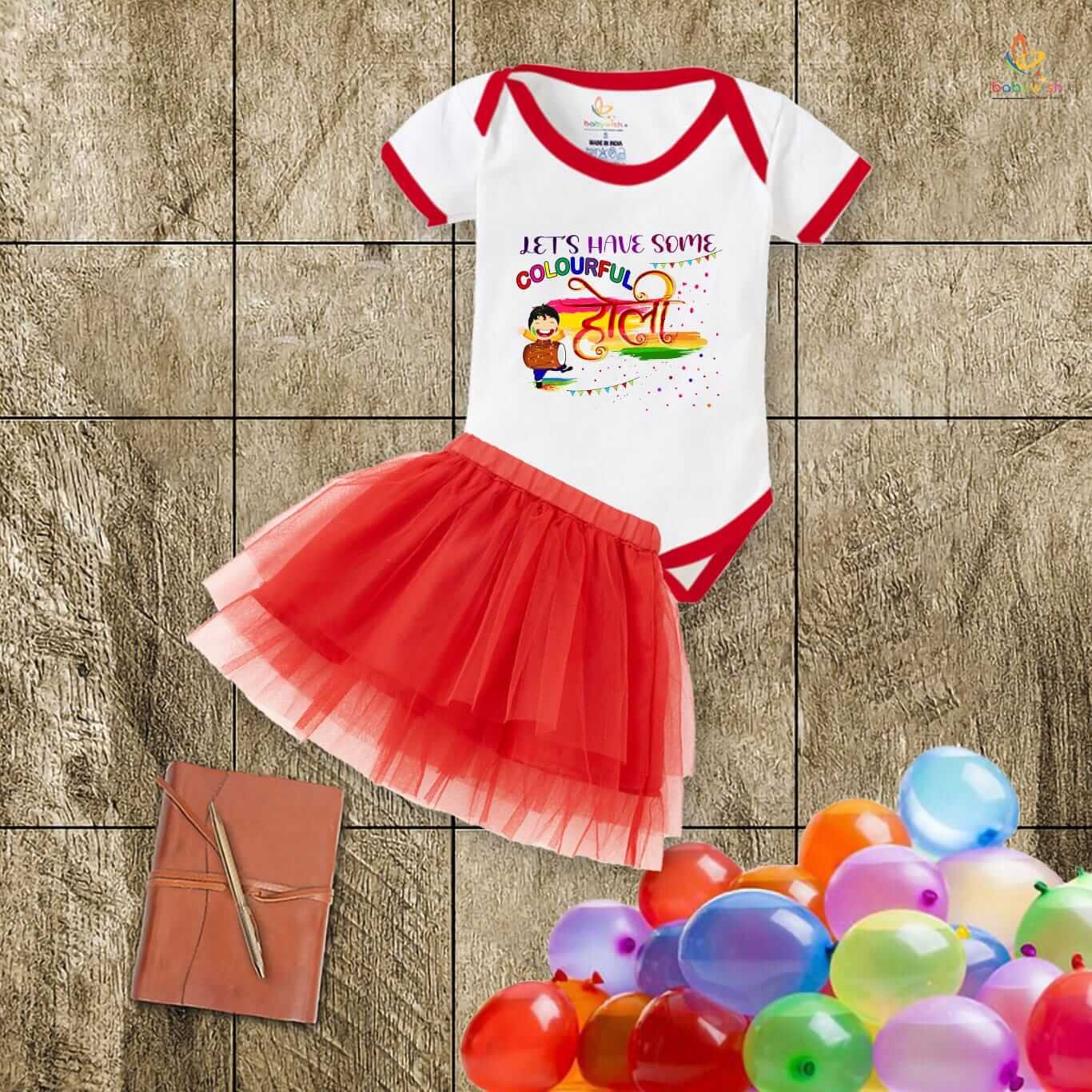 Newborn Girl’s Tutu Skirt & Romper | Holi Print Onesies Bodysuits | Baby 0–3 Months Outfit | Soft, Comfortable, Breathable Dress for Festivals, Parties & Everyday Wear