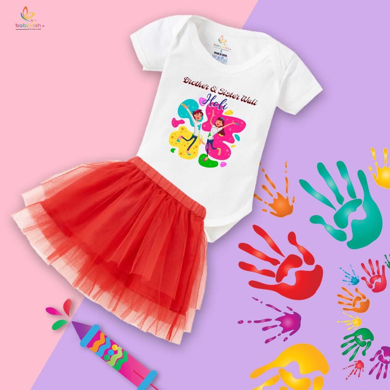 Newborn Girl’s Tutu Skirt & Romper | Holi Print Onesies Bodysuits | Baby 0–3 Months Outfit | Soft, Comfortable, Breathable Dress for Festivals, Parties & Everyday Wear