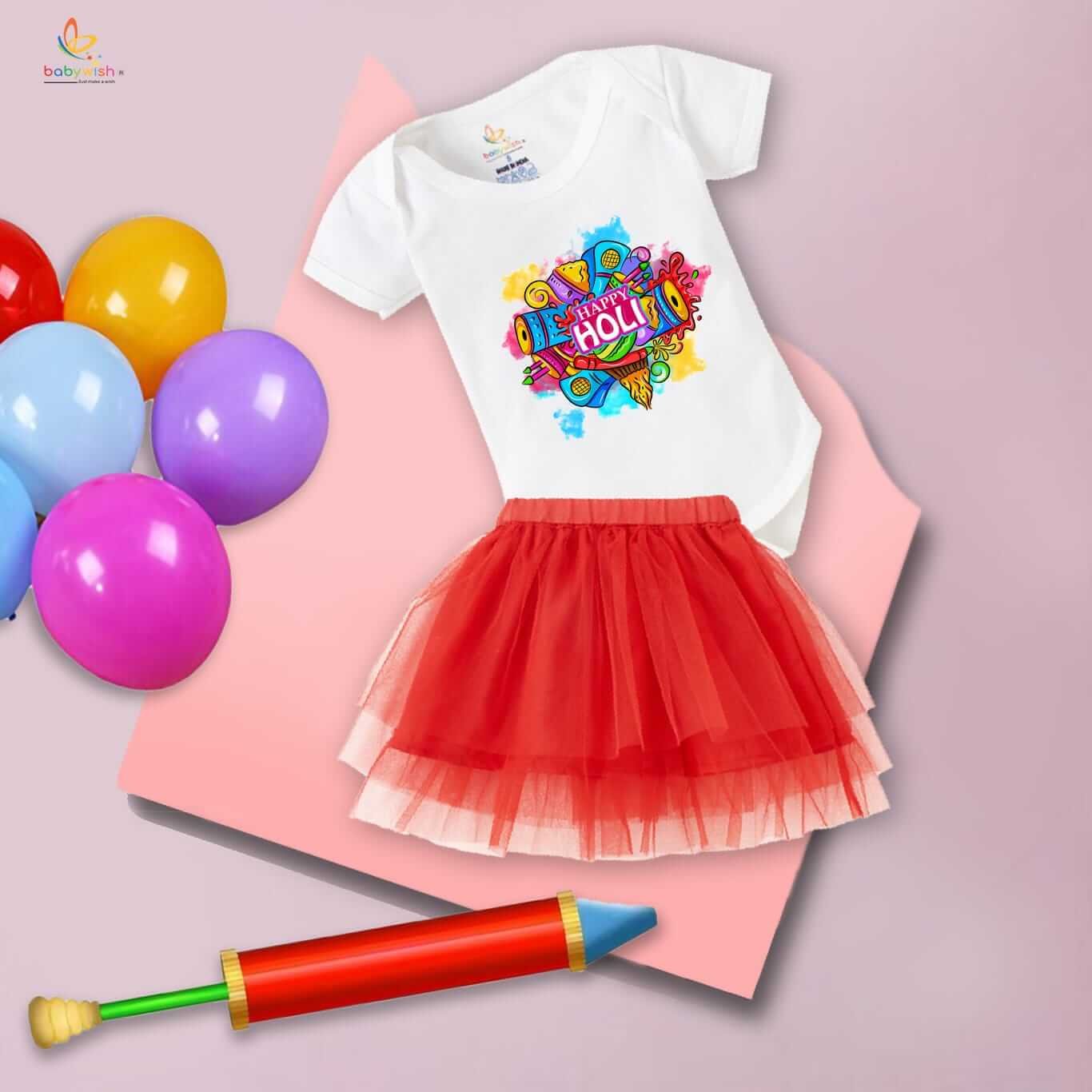 Newborn Girl’s Tutu Skirt & Romper | Holi Print Onesies Bodysuits | Baby 0–3 Months Outfit | Soft, Comfortable, Breathable Dress for Festivals, Parties & Everyday Wear