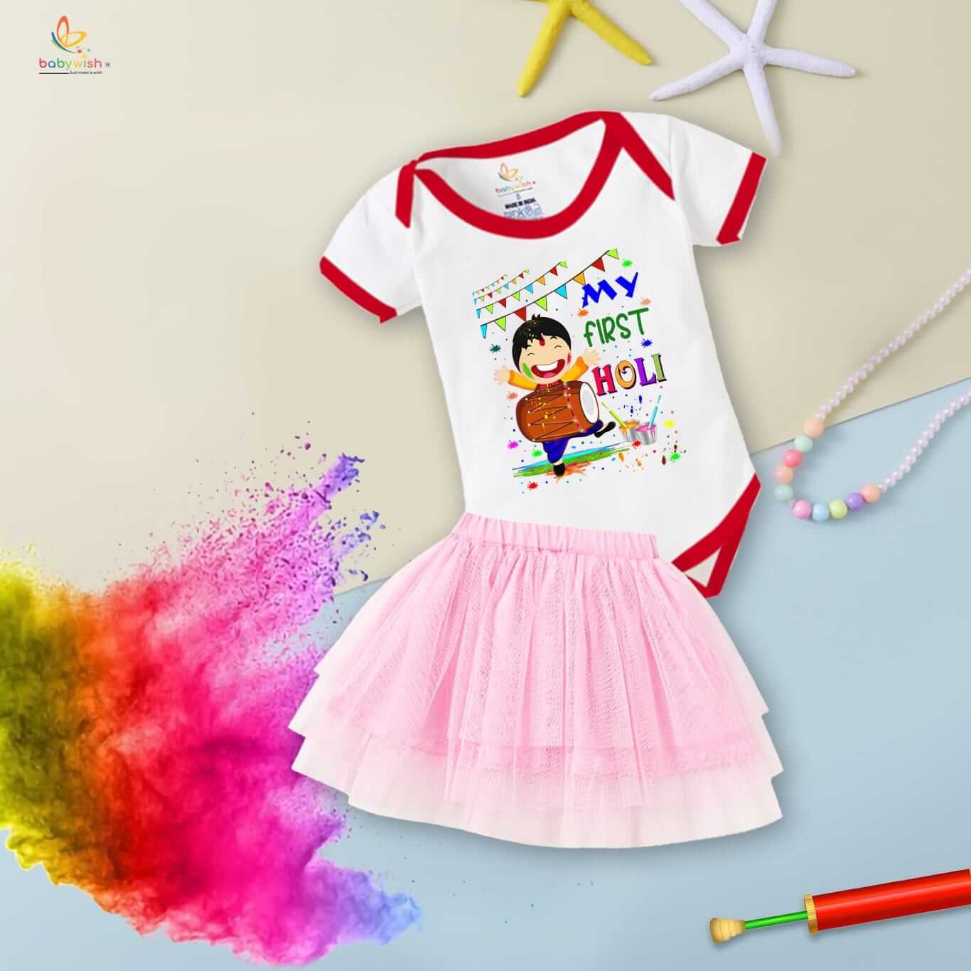 Newborn Girl’s Tutu Skirt & Romper | Holi Print Onesies Bodysuits | Soft, Comfortable Baby Outfit for 0–3 Months | Perfect for Festivals, Parties & Everyday Wear