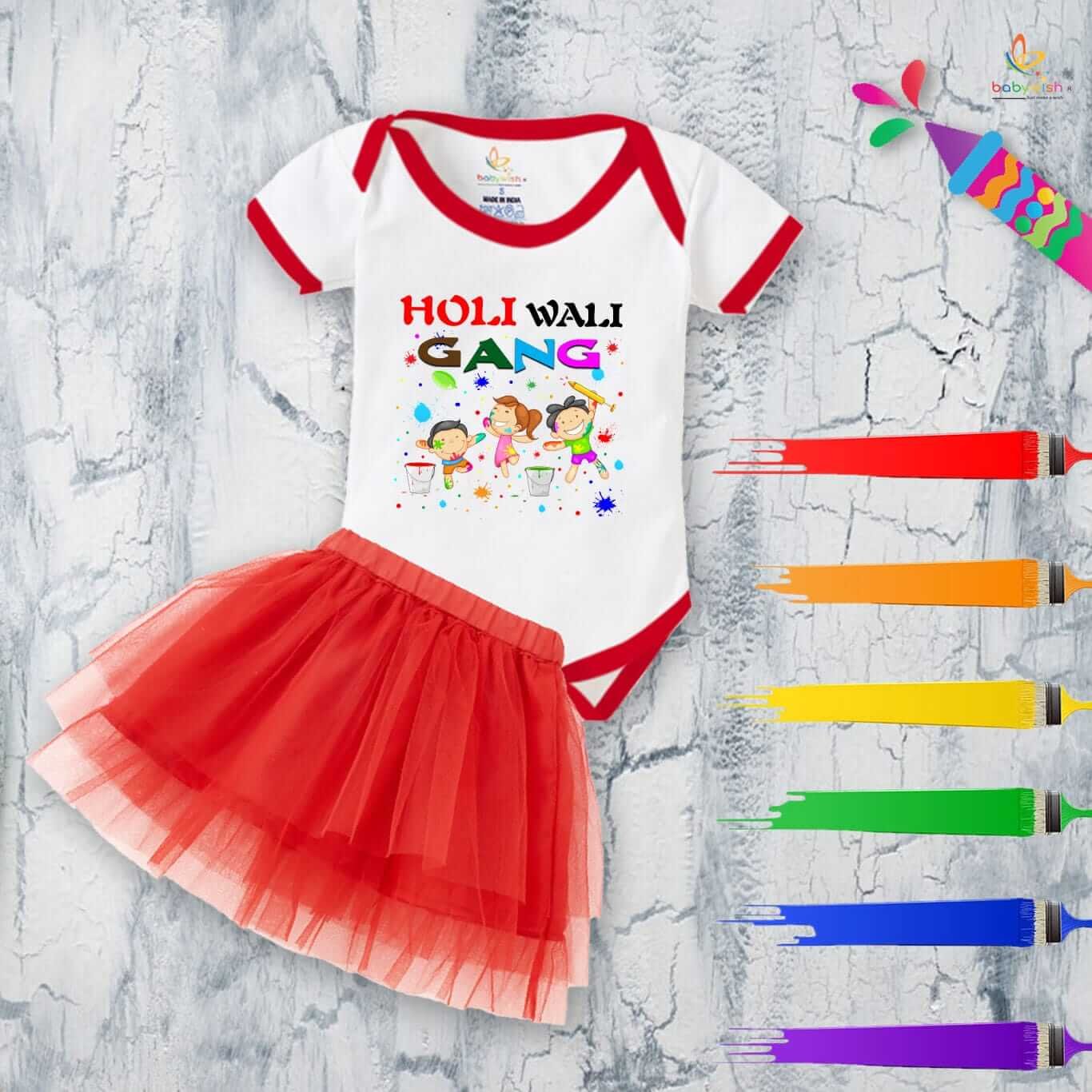 Newborn Girl’s Tutu Skirt & Romper | Holi Print Onesies Bodysuits | Baby 0–3 Months Outfit | Soft, Comfortable, Breathable Dress for Festivals, Parties & Daily Wear