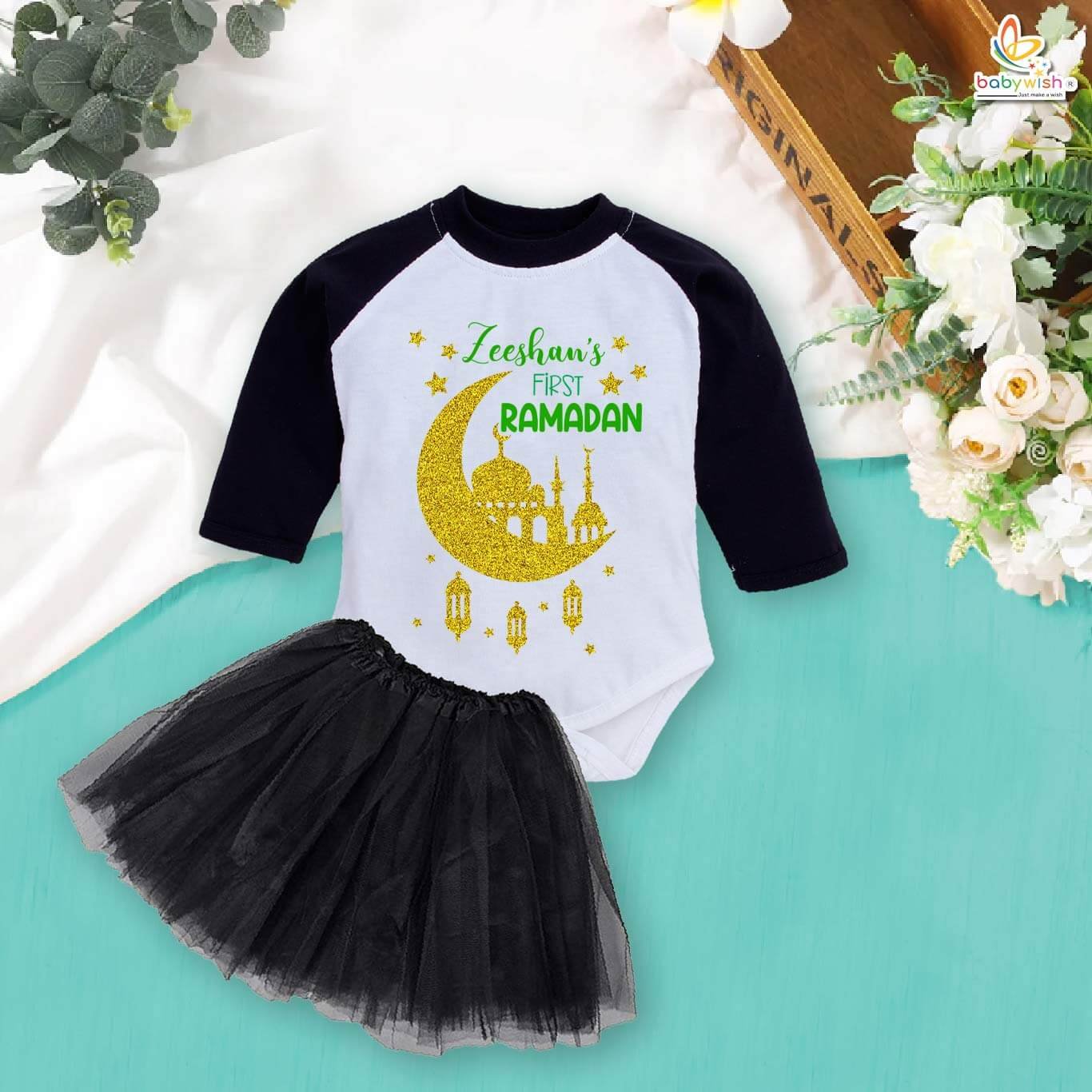 Newborn girls tutu skirt Full Sleeve romper Eid print onesies bodysuits for baby 0 to 12 months