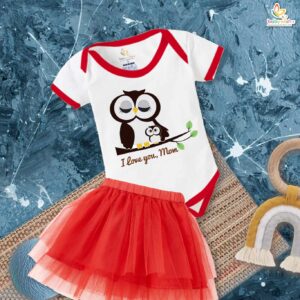 Adorable Babywish baby girl romper and skirt set with cute owl “I Love You Mom” print. Soft, breathable, and perfect for Mother’s Day, photoshoots, and daily wear for babies aged 0-12 months.