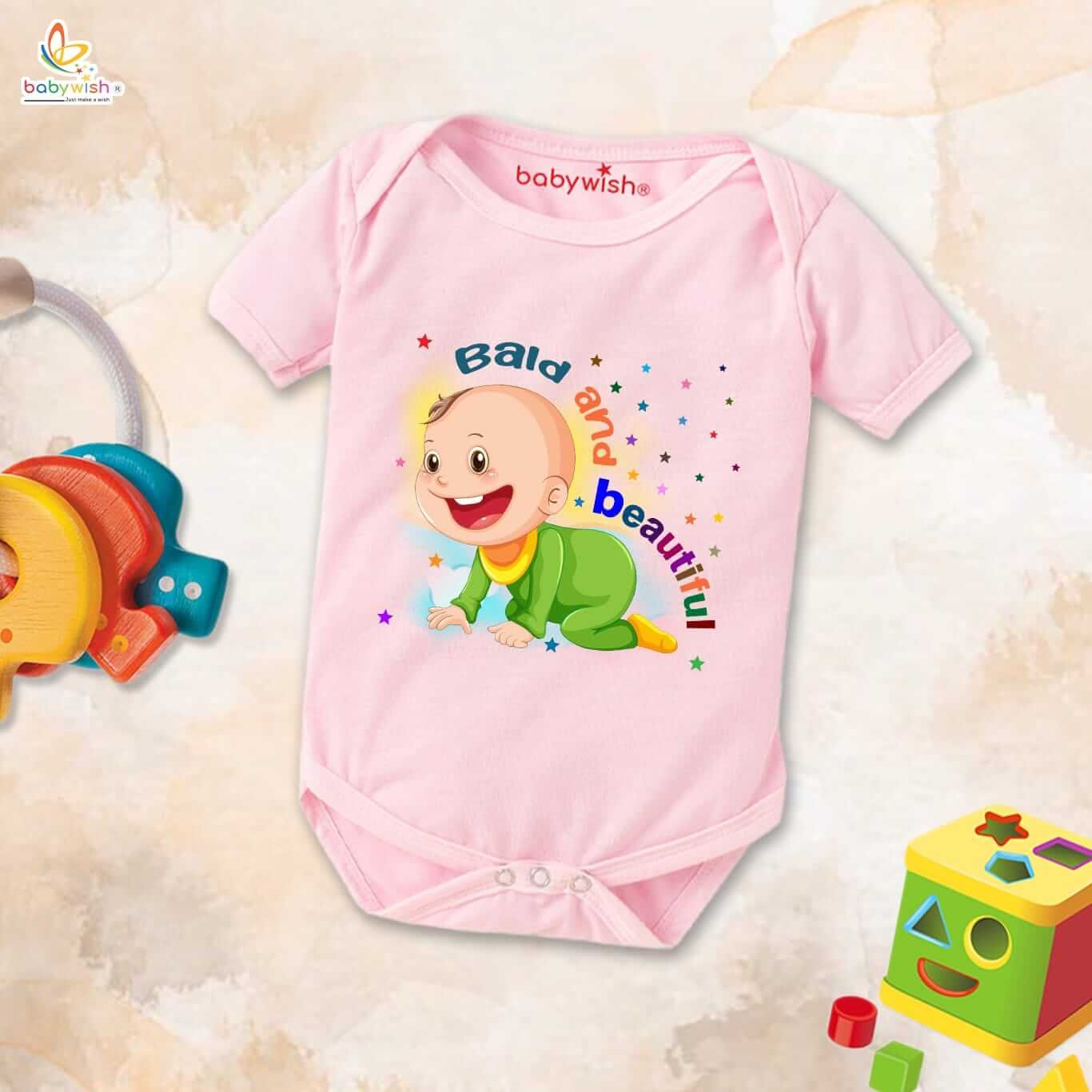 Newborn Mundan Ceremony Clothes, Unisex Bodysuit Romper Onesies, Infant Half Sleeve Outfit, Soft Comfortable Baby Clothes, “Bald And Beautiful” Special Occasion Wear