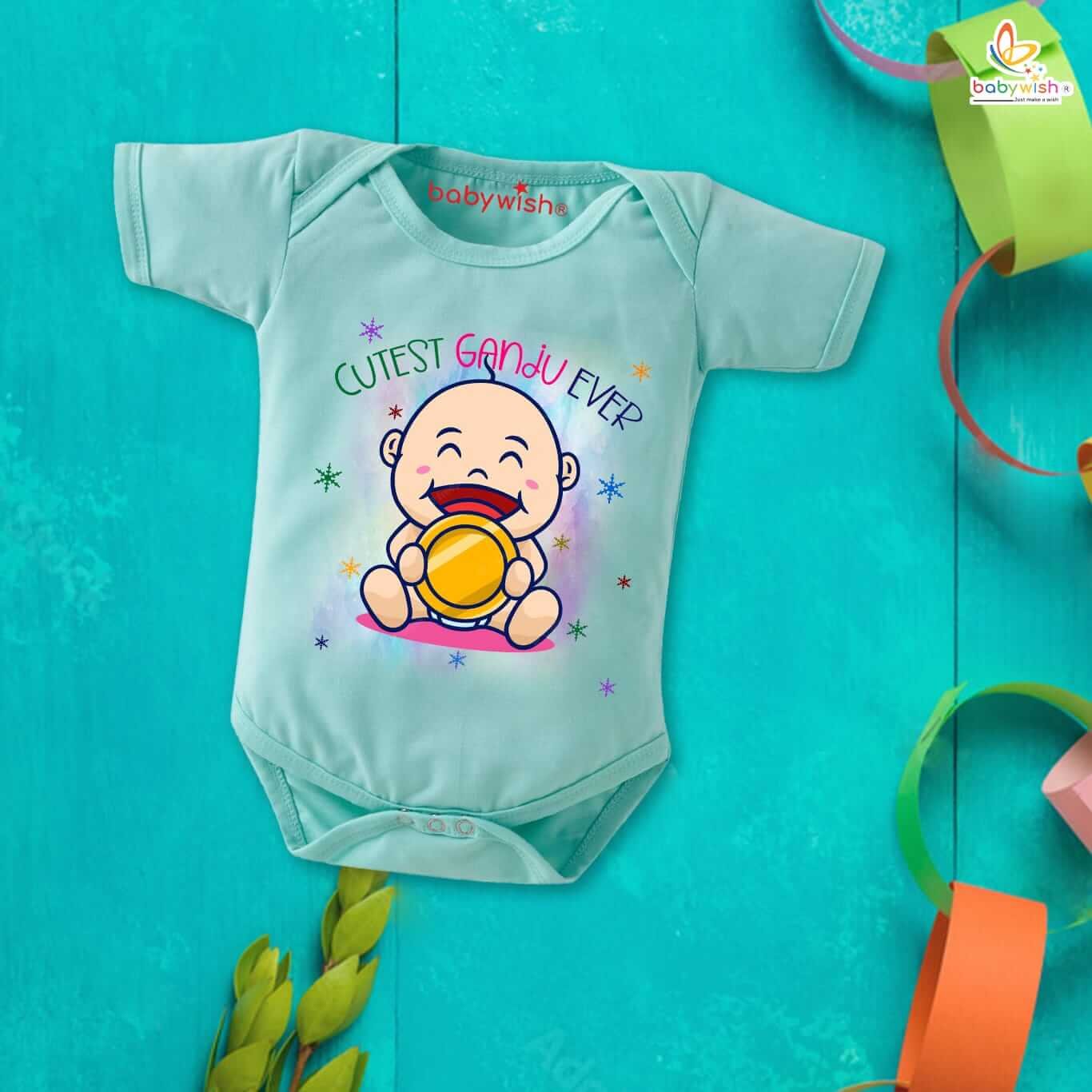 Newborn Mundan Ceremony Clothes, Unisex Bodysuit Romper Onesies, Infant Half Sleeve Outfit, Soft Comfortable Baby Clothes, “Cutest Ganju Ever” Special Occasion Wear