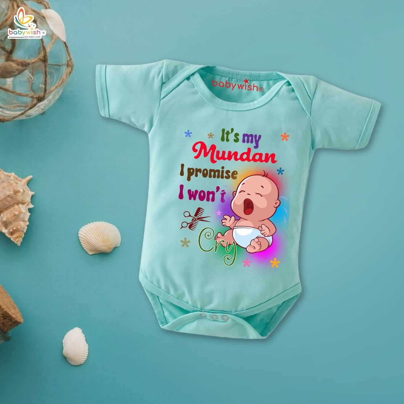 Newborn Mundan Ceremony Clothes, Unisex Bodysuit Romper Onesies, Infant Half Sleeve Outfit, Soft Comfortable Baby Clothes, “It's my Mundan I Promise I Won't Cry” Special Occasion Wear