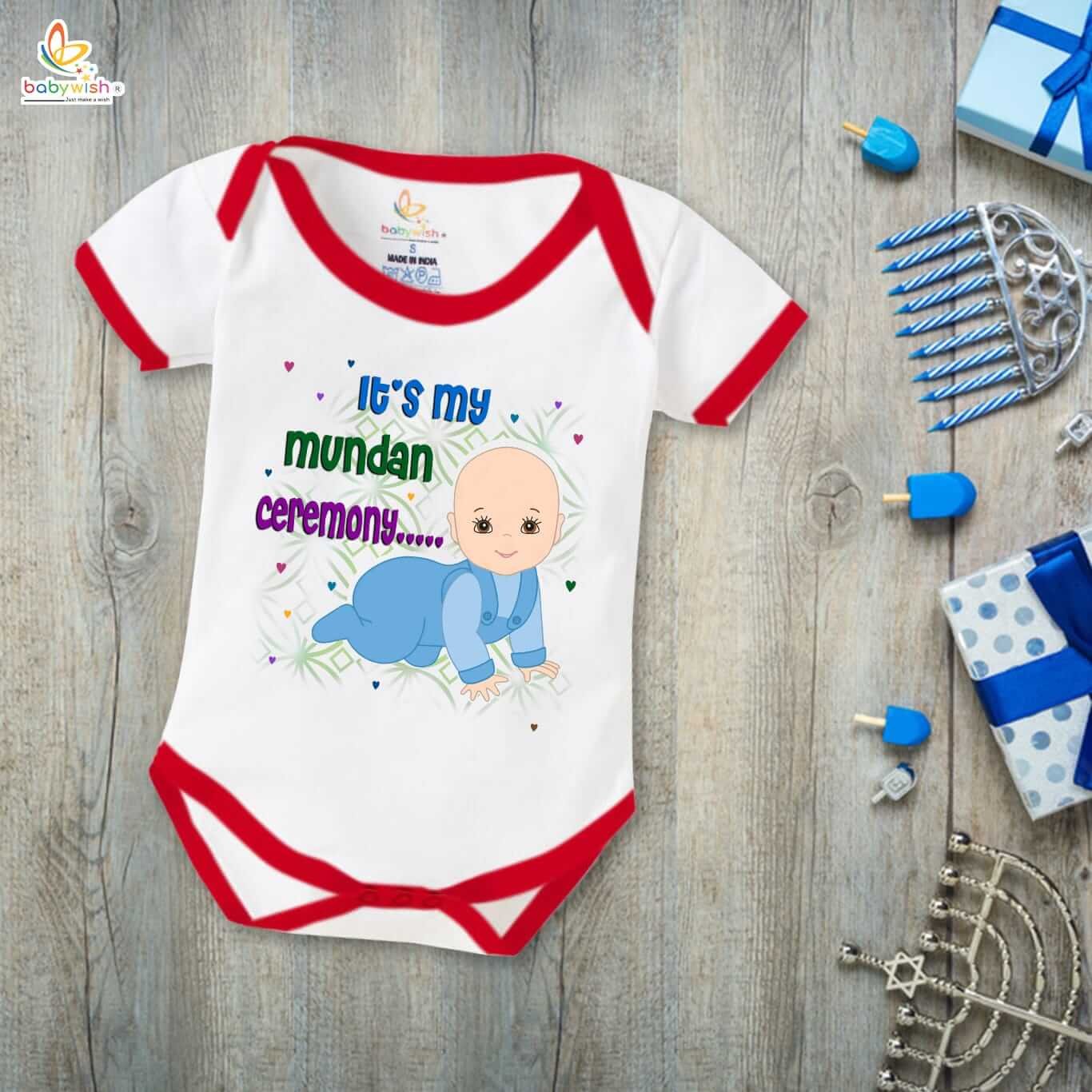 Babywish Mundan Ceremony Romper – Newborn Mundan Special Cotton Bodysuit with “It’s My Mundan Ceremony” Print | Soft Unisex Baby Occasion Wear by Babywish