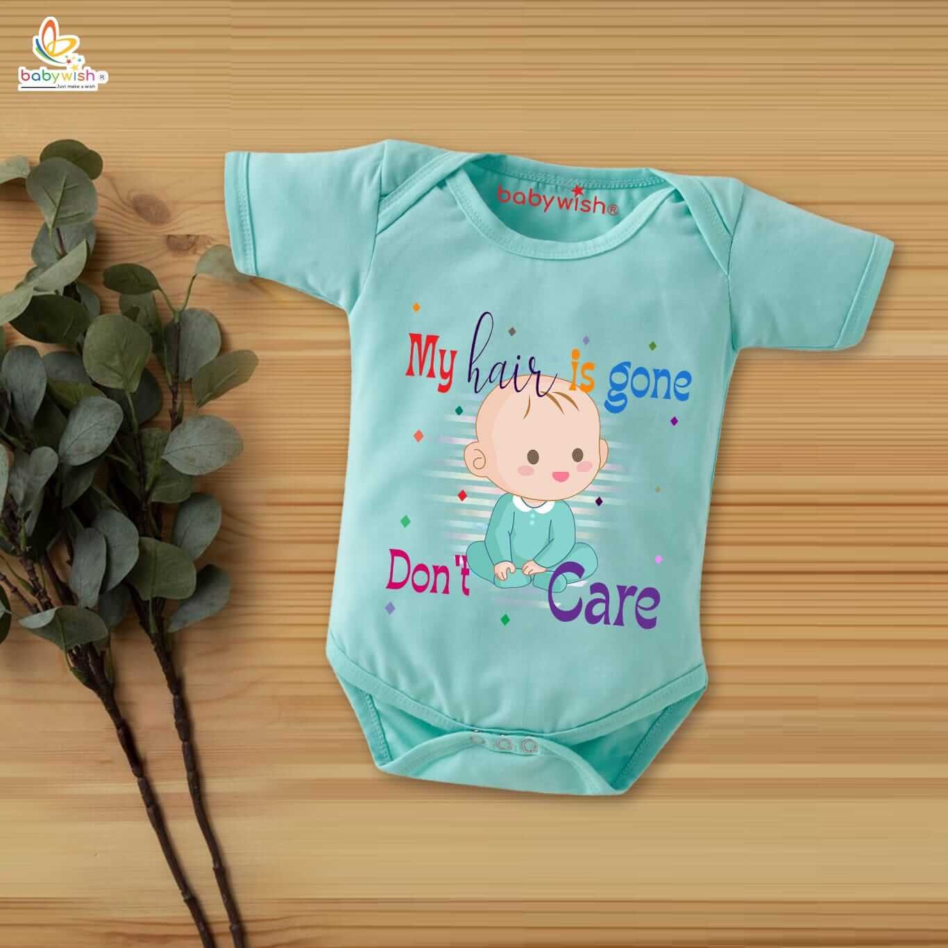 Newborn Mundan Ceremony Clothes, Unisex Bodysuit Romper Onesies, Infant Half Sleeve Outfit, Soft Comfortable Baby Clothes, “My Hair is Gone Don't Care” Special Occasion Wear