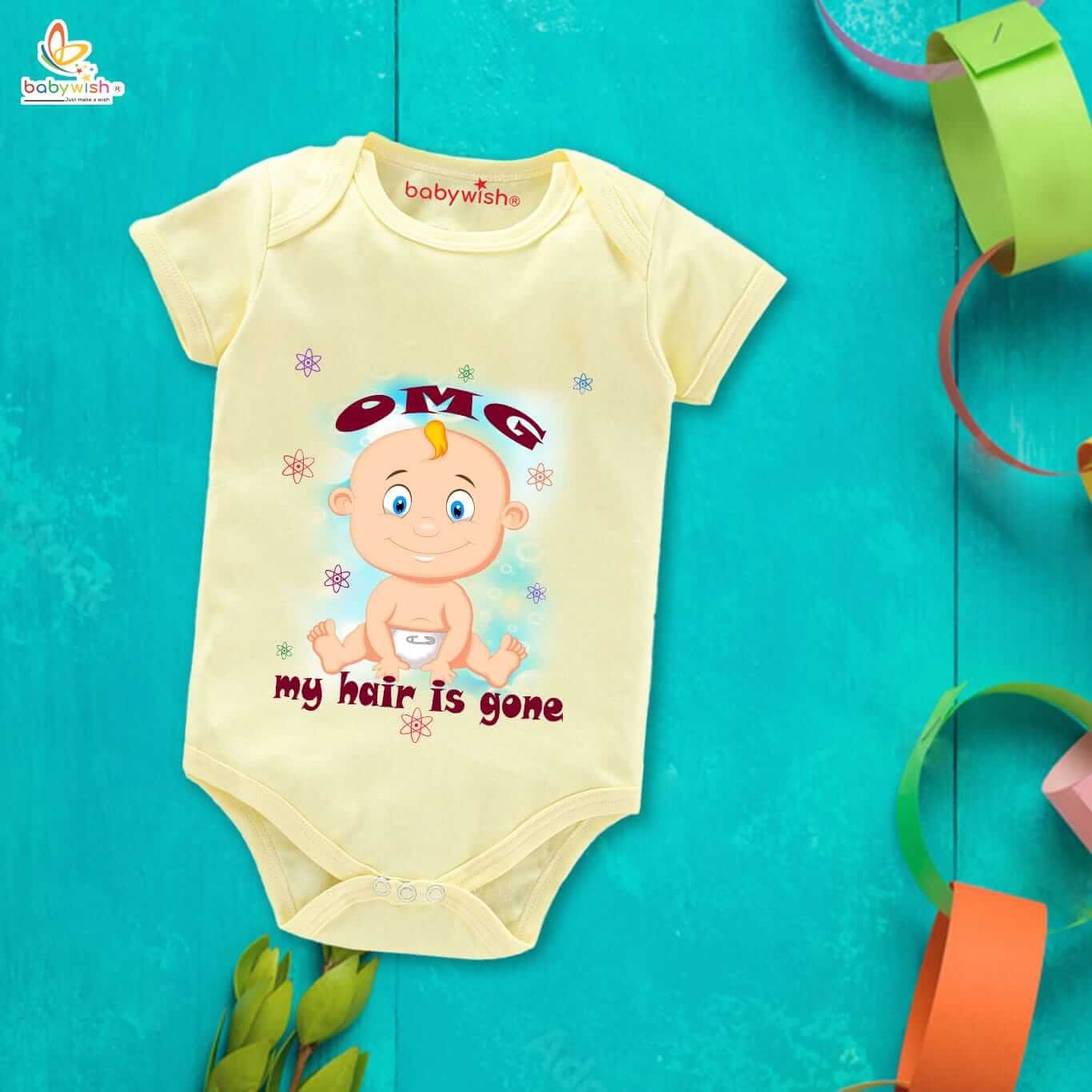 Newborn Mundan Ceremony Clothes, Unisex Bodysuit Romper Onesies, Infant Half Sleeve Outfit, Soft Comfortable Baby Clothes, “OMG My Hair is Gone” Special Occasion Wear