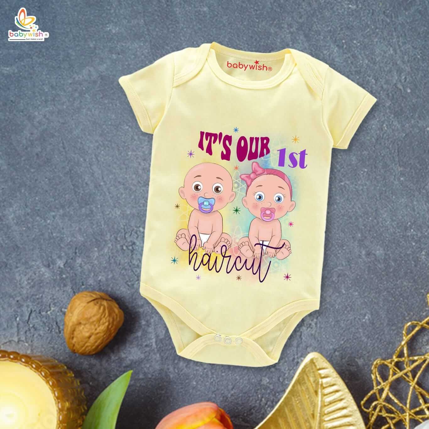 Newborn Mundan Ceremony Clothes, Unisex Bodysuit Romper Onesies, Infant Half Sleeve Outfit, Soft Comfortable Baby Clothes, “It's Our First Hair Cut” Twins Printed Special Occasion Wear